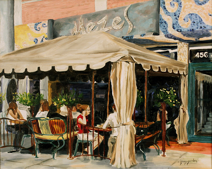 Painting of Mezes Restaurant Greek town Toronto by Jenny Gordon