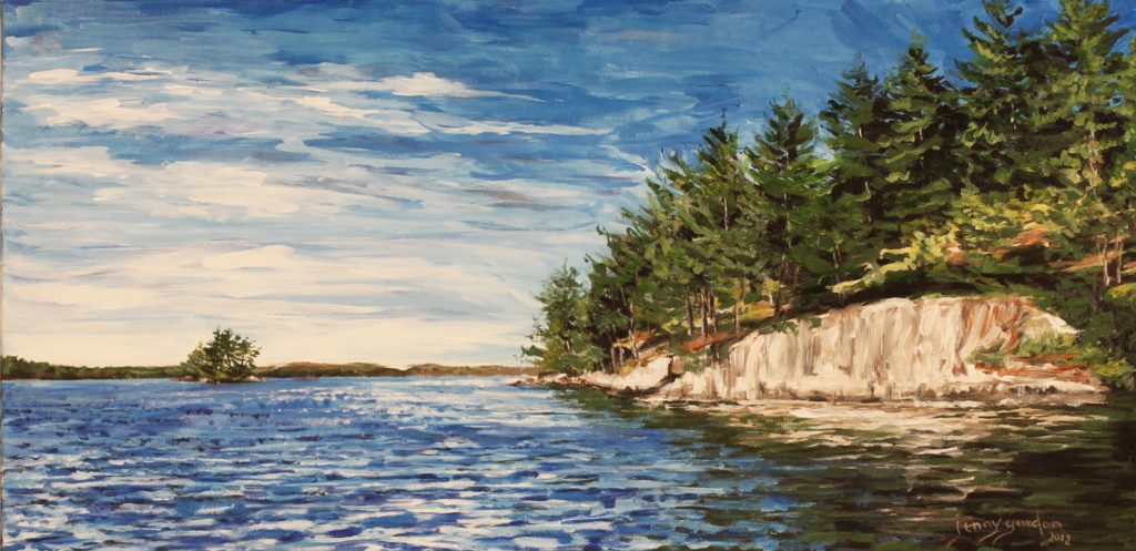 Painting by Jenny Gordon of a rockface shoreline on Chandos Lake