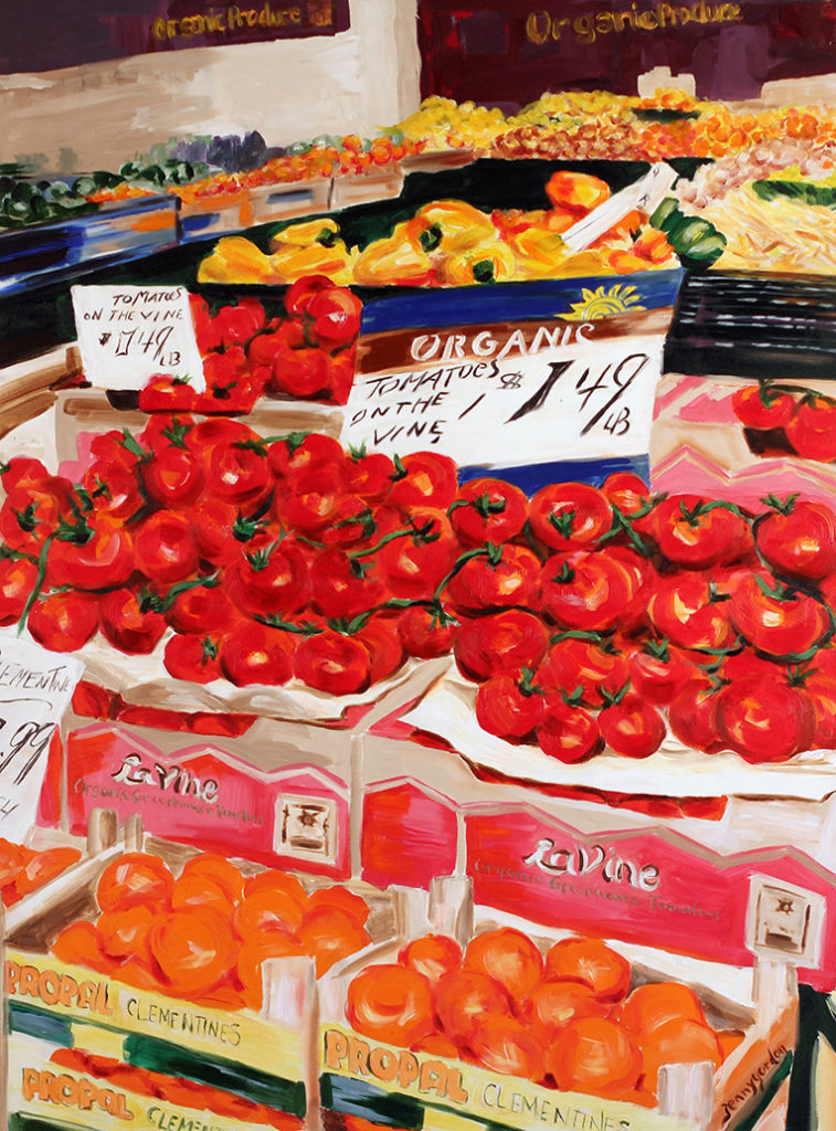 Painting of tomatoes at a store in St. Lawrence Market in Toronto, Ontario by Jenny Gordon