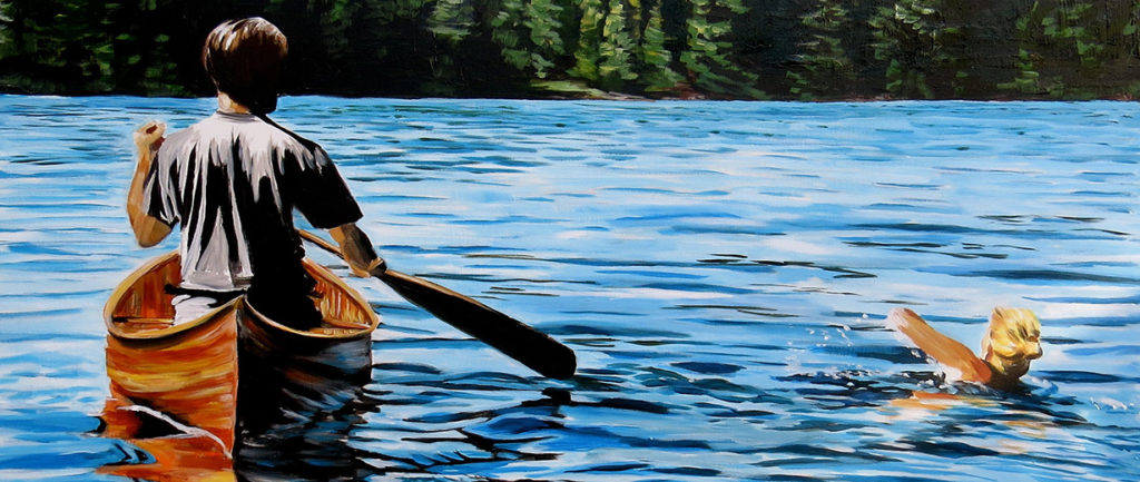 Painting by Jenny Gordon of a girl swimming in the water and a man paddling in a canoe