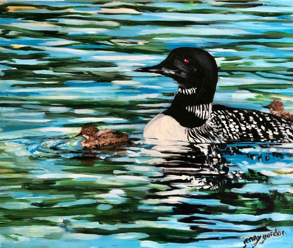 Painting of Mother Loon and babies by Jenny Gordon