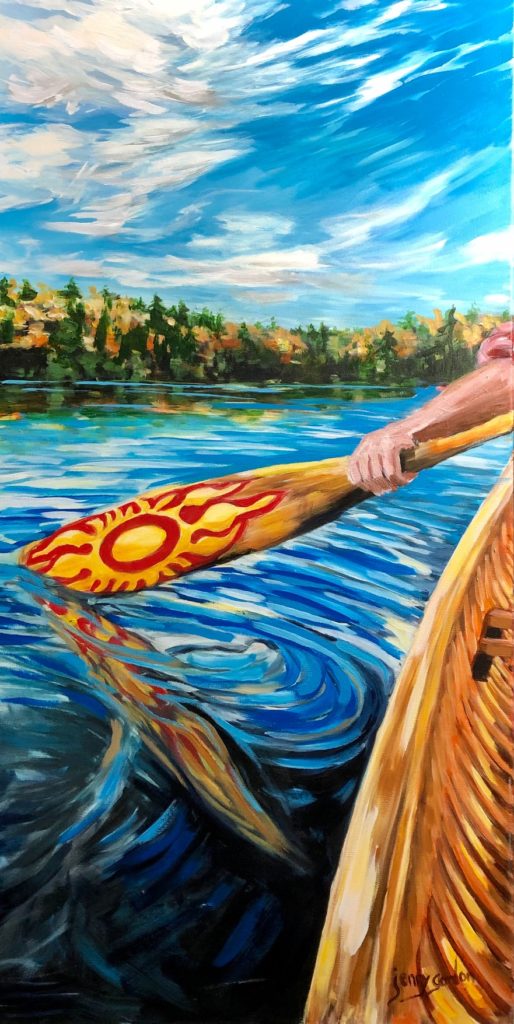 Painting of paddling in a canoe by Jenny Gordon