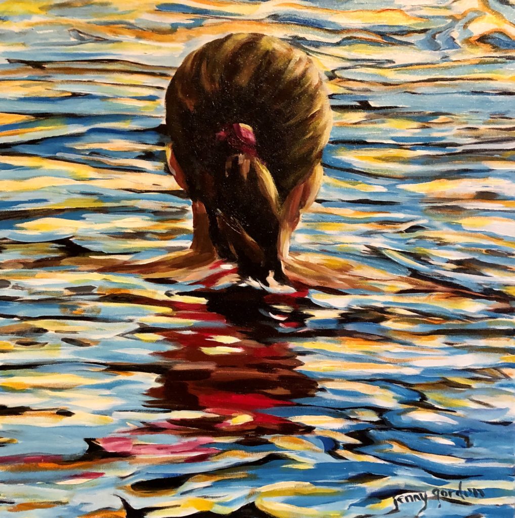 Painting by Jenny Gordon of a sunset swim