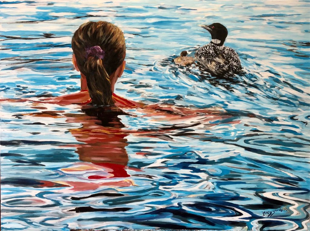 Painting of swimming with the loons by Jenny Gordon