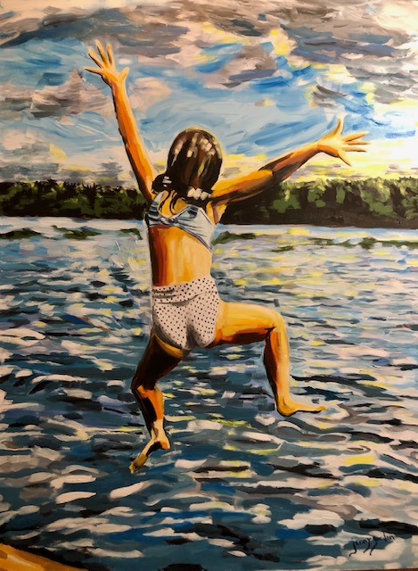 Painting by Jenny Gordon of a girl leaping into the water