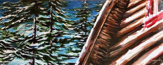 Painting of winter at the log cabin by Jenny Gordon